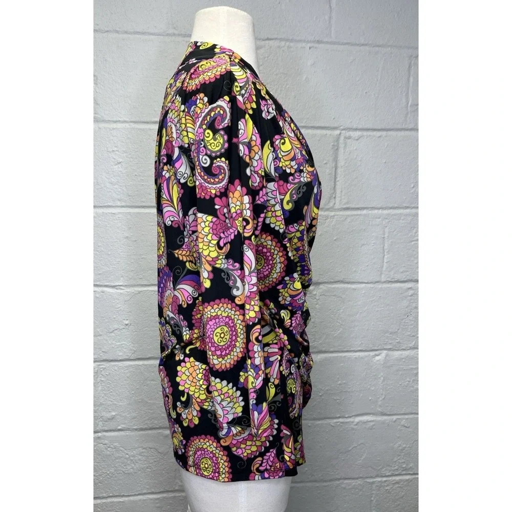 Carmen Marc Valvo Y2K Paisley Retro Wrap Top Large Pink Purple Black Slinky - Picture 4 of 9